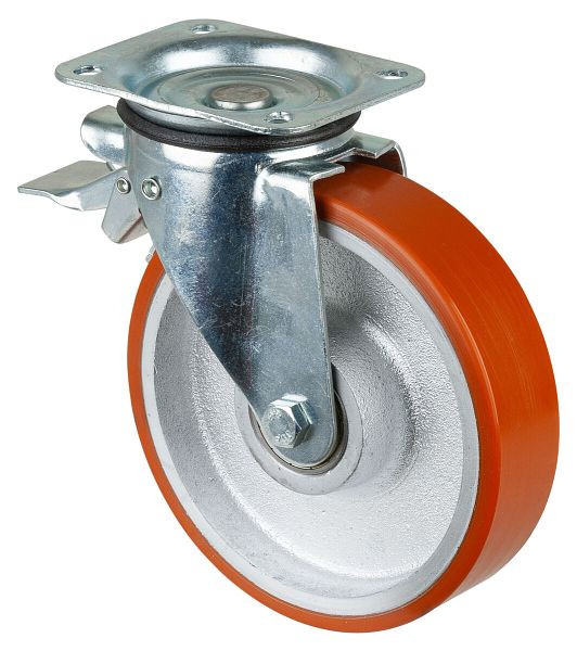 BS rollen transportrol met rem, breedte 50 mm, Ø200 mm, tot 450 kg, gegoten polyurethaan 95 Shore A, gegoten wiellichaam, kogellager, L420.C10.202
