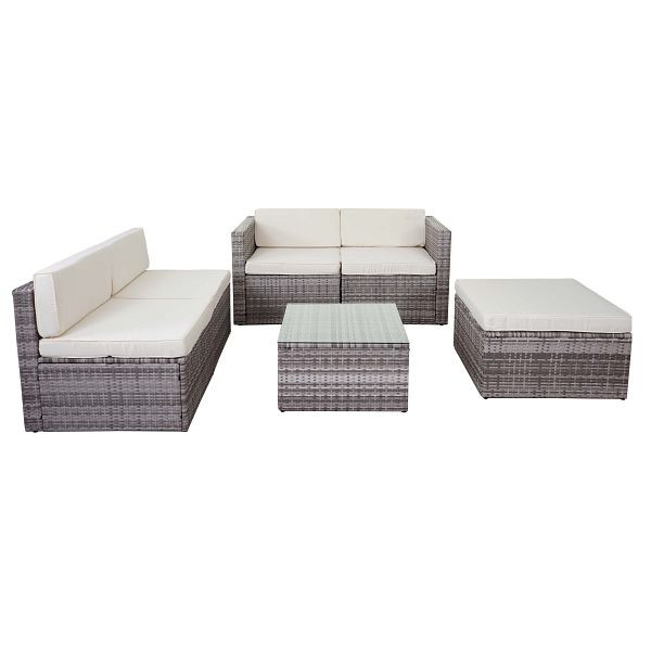 Mendler HWC-D24 poly rotan set, tuin/loungeset bank, grijs, creme bekleding, 58586+58587+58588