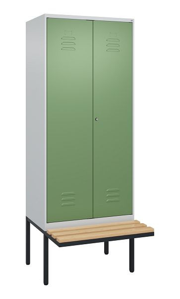 C+P Umkleidespind Classic PLUS, Doppel-Spind, 2 Abteile, 2120x800x815mm, 7035/6011, Zylinderschloss, Buche-Sitzleisten, 0800427-22P S10050