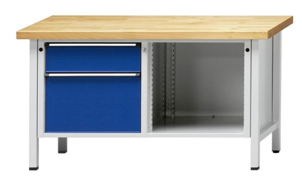 ANKE kastwerkbank; 1500 x 700 mm; RAL 7035/5010; Links 2 laden 180, 360 mm; Rechts open onderwerp