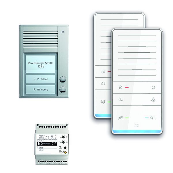 TCS deurbediening audio: pack AP voor 2 woonunits, met buitenstation PAK 2 belknoppen, 2x handsfree luidspreker ISW5031, bedieningsunit BVS20, PAAF021 / 001