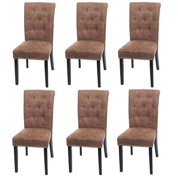 Mendler set van 6 eetkamerstoelen Chesterfield II, stoel keukenstoel, klinknagels, stof/textiel bruin, donkere poten, 3x82880