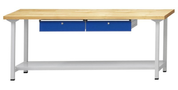ANKE werktafel; 2000x700 mm; RAL 7035/5010; 2xHängeschublade; 1x opbergvak van 500 mm diep plaatstaal
