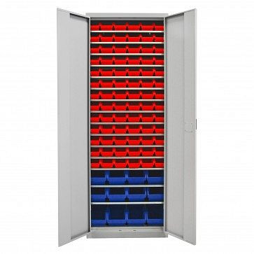 ADB draaideurkast met 90 zichtbare opbergdozen en planken, afmetingen BxLxH: 116x212x75 mm, kleur: rood, kleur: blauw, 40833