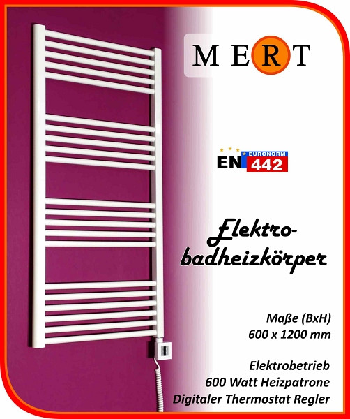 MERT elektrische badkamerradiator wit, recht, 600 x 1200 mm, gevuld, E1-60x120-B