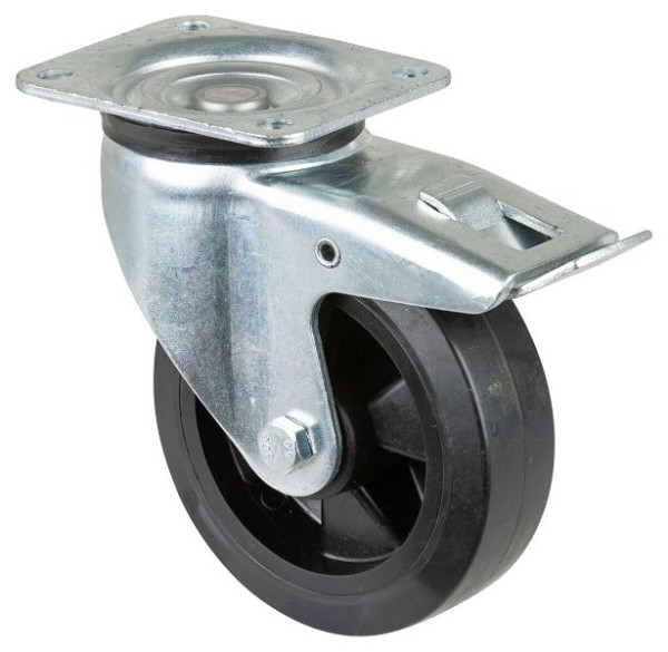 BS Rolls Zwaarlastwiel met rem, breedte 50 mm, Ø160 mm, tot 250 kg, zwarte elastische banden, kunststof wiellichaam, rollager, L620.B60.160