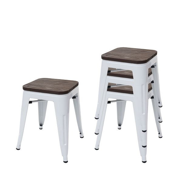 Mendler set van 4 krukken HWC-A73 incl. houten zitting, metalen kruk kruk, metalen industrieel design stapelbaar, wit, 70772