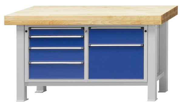 ANKE zware werkbank; 1500x800mm; Beuk massieve plaat; Links 4 laden 90, 120, 150, 180 mm; Rechts 2 laden 180, 360 mm
