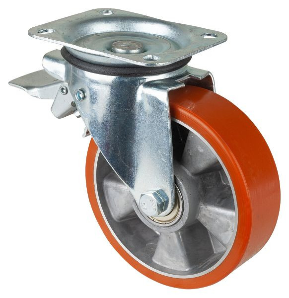 BS rollen transportrol met rem, breedte 50 mm, Ø160 mm, tot 400 kg, gegoten polyurethaan loopvlak, aluminium behuizing, kogellagers, L420.B90.162