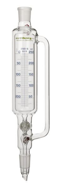 Rettberg druppeltrechter, temperatuurgeregeld, 1000 ml, huls/kern NS 29/32, glazen afsluitkraan 6 mm, met drukvereffeningsbuis, schaalverdeling, 134041155