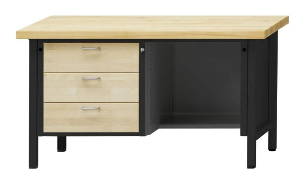 ANKE kastwerkbank; 1500x700 mm; RAL 7016 / natuurlijk gewaxt beuken; Beuk massieve plaat; 3 laden links; Rechts achteraan