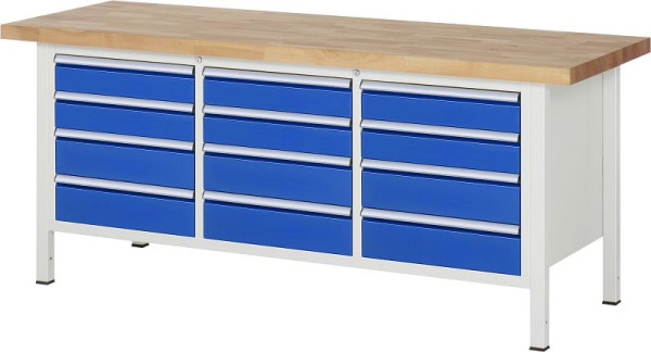 RAU werkbank serie 8000 - frameconstructie (gelast frame), drievoudige onderbouw bak (12x lade), 2000x840x700 mm, 03-8579A2-207B4S.11