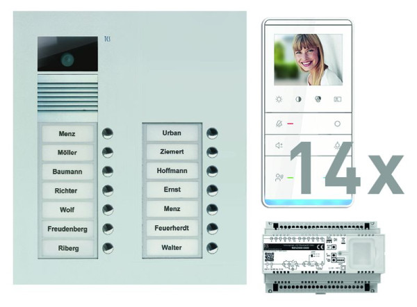TCS deurbediening video: pack UP voor 14 wooneenheden, met voordeurstation AVU 14 belknoppen, 14x video handsfree luidspreker IVW5111, bedieningseenheid, PVU17140-0010