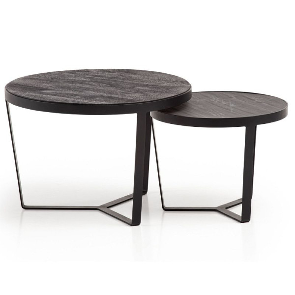Wohnling salontafel set van 2, massief acaciahout/steenlook, ronde woonkamertafel, nesttafel met metalen frame, moderne salontafel, zwart/antraciet, WL6.766