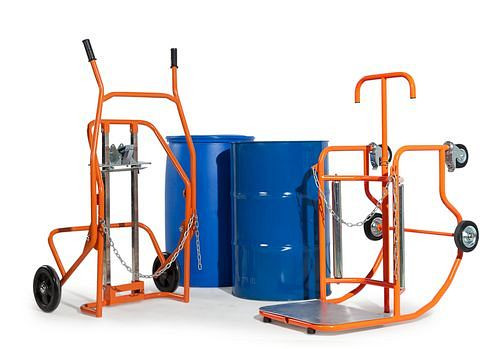 DENIOS set met vatenwagen Secu Comfort en vatenkantelaar Secu Plus, voor stalen / kunststof vaten, 257-452