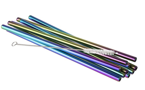 APS rietjes set van 11, Ø 8 mm, lengte: 21,5 cm, 18/8 roestvrij staal, regenbooglook, inhoud: 10 rietjes, 1 schoonmaakborstel, 93385