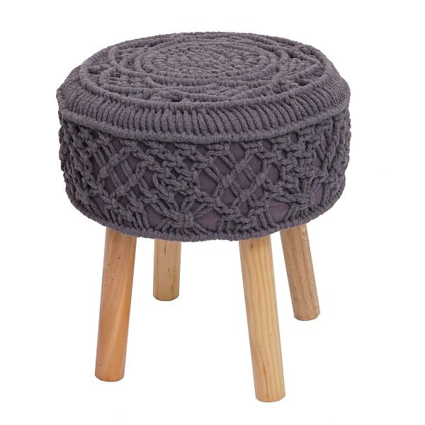 Mendler kruk HWC-J43, gebreide kruk, voetenbank, 45x41cm rond macramé/gebreide stof/textiel, donkergrijs, 80482
