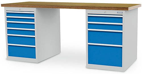 Bedrunka + Hirth serie werkbank, R 18-24, aantal lades: 10, 1500 x 750 x 859 mm, paneelhoogte in mm links: 2x75, 1x100, 1x150, 1x200, 03.15.580.232V