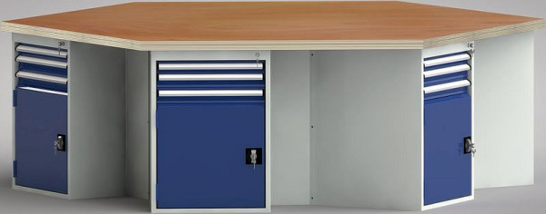 KLW PROFI werkbank in zeshoekige vorm (ERGO-versie) met beuken multiplex blad in zeshoekige vorm 2338 x 2700 x 45 mm L x B x S, WP620E-1350M45-E8010
