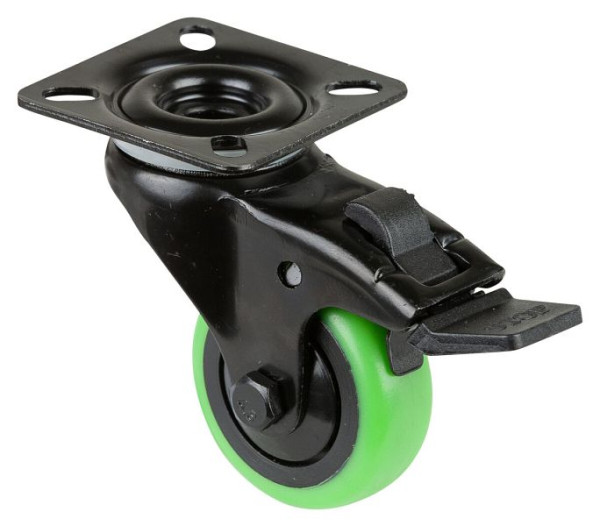 BS Castors Zwenkwiel met zwarte rem, groen thermoplastisch rubberen wiel, kogellager, plaat, diameter: 50 mm, VE 8 stuks, A820.A85.050.04
