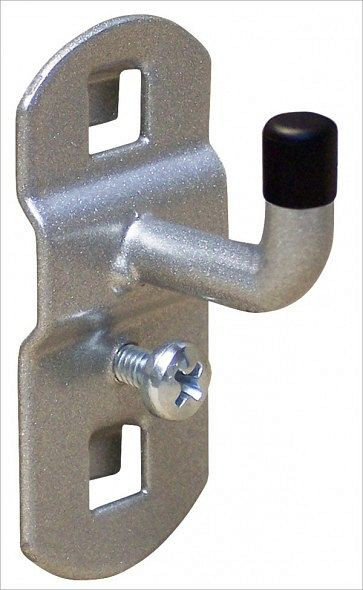 ADB gereedschapshouder met verticaal haakuiteinde, schuin 90°, geschikt voor Euro-gaten (10x10mm / 38x38mm), Ø: 6mm, kleur: aluminium, RAL 9006, 150mm, 23103