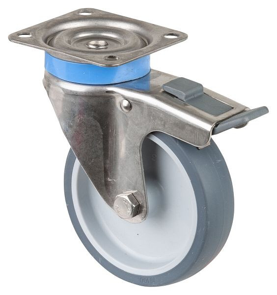 BS-rollen roestvrijstalen apparaatrol met rem, breedte 28 mm, Ø100 mm, tot 60 kg, grijs rubberen oppervlak, plaat, glijlager, VE 2 stuks, G120.A80.100