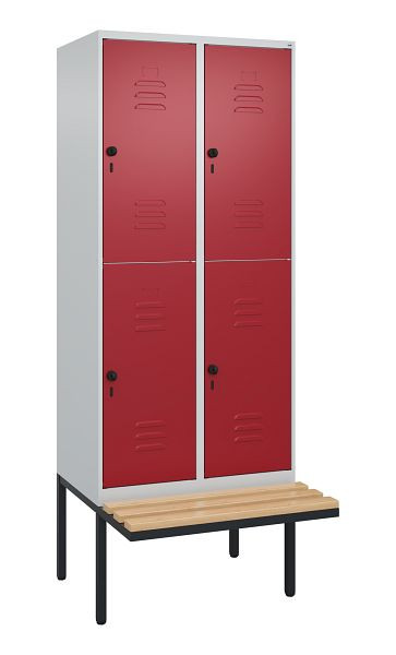 C+P Doppelstöckiger Spind Classic PLUS, 2 Abteile, 2120x800x815mm, 7035/3003, Drehriegel, Sitzleisten aus Buche, schwebende Sitzfläche, 0803407-22 S10001
