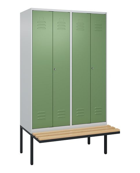 C+P Umkleidespind Classic PLUS, Doppel-Spind, 4 Abteile, 2120x1200x815mm, 7035/6011, Zylinderschlösser, Buche-Sitzleisten, 0800427-40P S10050