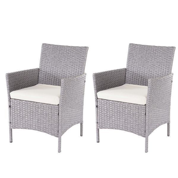 Mendler set van 2 poly rotan tuinstoelen Halden, rieten stoelen, grijs, kussens creme, 64303