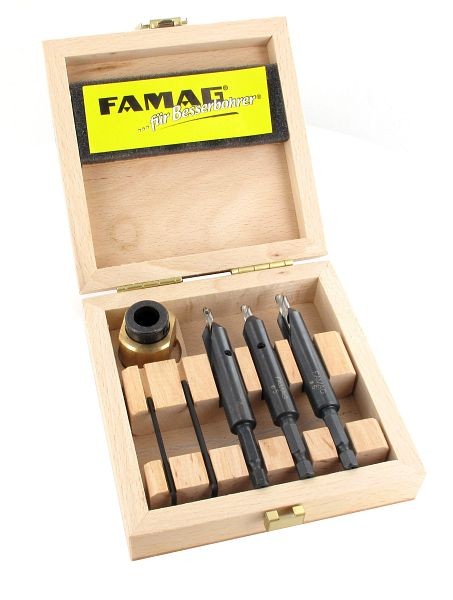 Famag boor- en verzinkerset in een 4-delige houten kist, Ø 4, 5 en 6 mm inclusief diepteaanslag, 3577.504.00