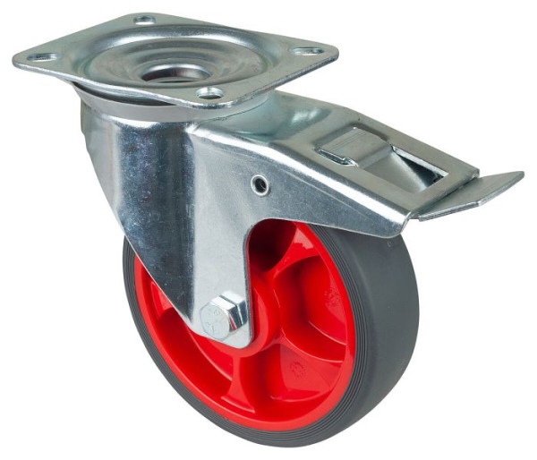 BS rollen transportwiel zwenkwiel met rem, thermoplastisch rubberen wiel, grijze band, rollager, plaat: 160 mm, verpakking: 2 stuks, L420.B44.161.03