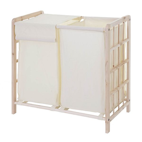 Mendler wasmand HWC-B60, Wasmand, massief hout 2 vakken 60x60x33cm 68l, lichtbruin, deksel creme, 60582
