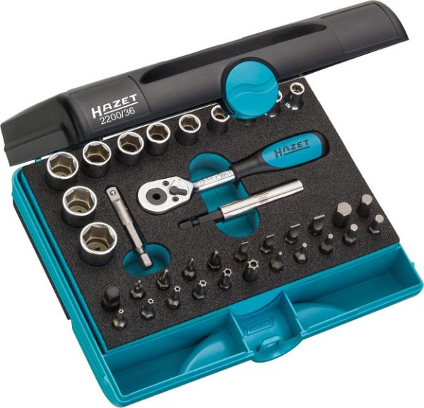 Hazet dopsleutelset, hol vierkant 6,3 mm, volle zeskant 6.3, buitenzeskant trekprofiel, sleufprofiel, Phillips profiel PH, 2200/36