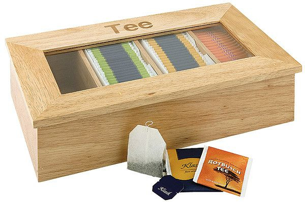 APS theedoos, 33,5 x 20 cm, hoogte: 9 cm, hout, naturel, houten kist met kijkvenster, met opstapje -thee-, 11575