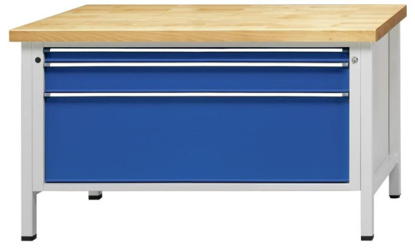 ANKE kastwerkbank; 1500x800 mm; RAL 7035/5010; Laden in XXL-formaat 1200x600 mm; 3 laden 60, 120, 360 mm
