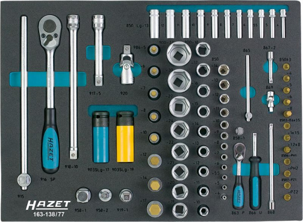 HAZET dopsleutelset, hol vierkant 12,5 mm (1/2 inch), hol vierkant 6,3 mm (1/4 inch), aantal gereedschappen: 77, 163-138/77