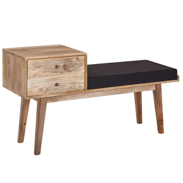 Wohnling bank stof / massief houten bank 120x65x40 cm in retro stijl, hal gestoffeerde bank met opbergruimte, gewatteerde stoffen bank opberger zwart, WL6.485