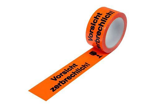 DENIOS waarschuwingstape, PP, opdruk Let op kwetsbaar, in waarschuwingsoranje, 50 mm breed x 66 m, verpakking: 12 rollen, 299577