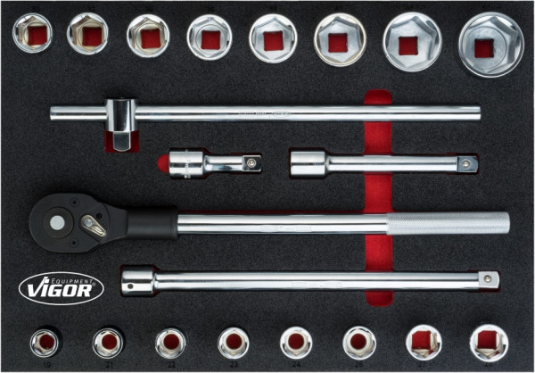 VIGOR dopsleutelset, aantal gereedschappen: 21, 2K zachtschuiminzet, inlegmaten / lademaat: L (563 x 393 x 35 mm), V5109