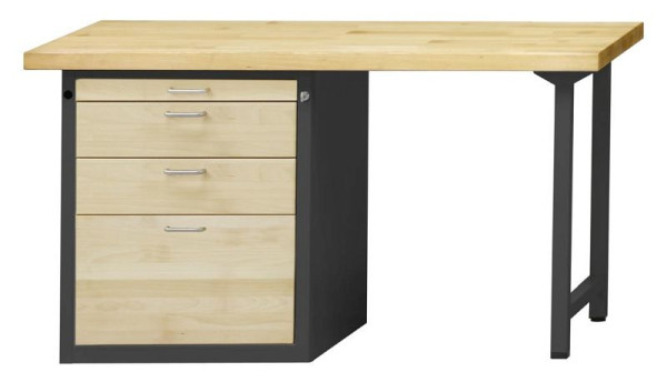 ANKE combinatie werkbank; 1500x700mm; Beuk massieve plaat; Linker onderkast 660x615 mm, 4 laden 60, 150, 150, 360 mm