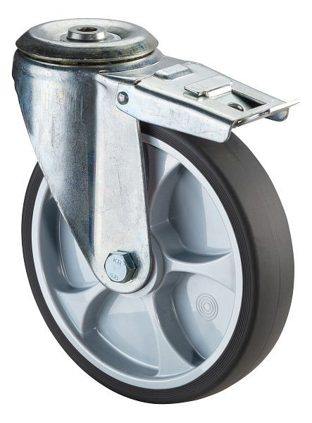 BS rollen transportwiel zwenkwiel met rem, grijs thermoplastisch rubberen wiel, rollager, boutgat, diameter: 200 mm, L121.B44.201