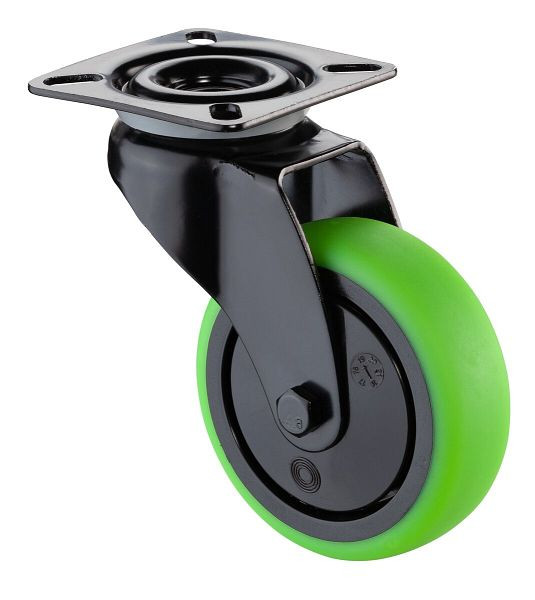 BS Wielen Zwart zwenkwiel, groen thermoplastisch rubberen wiel, zwarte velg, kogellager, plaat, diameter: 75 mm, VE = 4 stuks, A800.A85.075.04