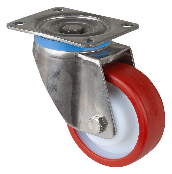 BS rollen RVS zwaarlastrol, breedte 45 mm, Ø125 mm, tot 500 kg, rood polyurethaan loopvlak, kunststof behuizing, RVS rollager, HS100.B28.126