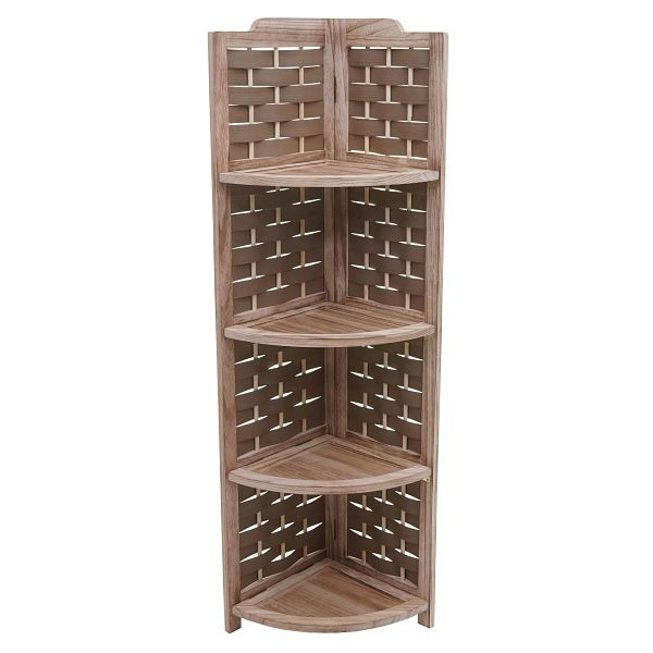 Mendler hoekplank HWC-K85, plankstandaard, opvouwbaar 4 planken, paulowniahout 110cm, bruin, gevlochten bruin, 97655
