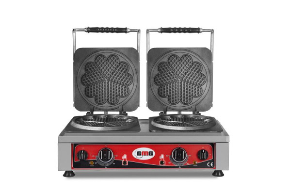 GMG Amore-L wafelijzer, 2x Ø 19 x 1.5cm, 50° tot 300°C, vaste gietijzeren bakplaat, rondom vetopvangbak, RVS behuizing, KGW-21L