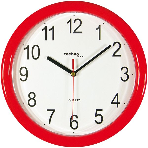 Technoline quartz wandklok rood, kunststof frame, afmetingen: Ø 250 x 24 mm, WT 600 rood