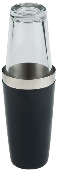 APS Boston Shaker, 2-delige set, roestvrijstalen beker, 700 ml, rubberen coating, zwart, antislip, glas, 400 ml, hoogte ca. 30 cm, 93139
