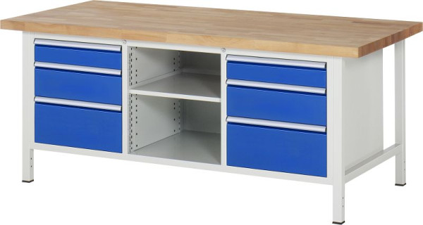 RAU werkbank serie 8000 - frameconstructie (gelast frame), drievoudige onderbak (6x laden, legborden), 2000x840x900 mm, 03-8564A2-209B4S.11