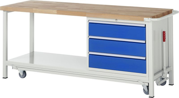 RAU werkbank met neerlaatbaar onderstel serie 8000, 3x lade, legbord, 2000x880x700 mm, 05-8257A6-207B4F.11