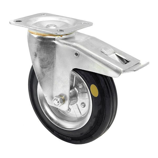 BS rollen transportrol met rem, breedte 50 mm, Ø200 mm, tot 205 kg, zwart rubber, wiellichaam stalen velg, rollager, plaat, L420.B58.200